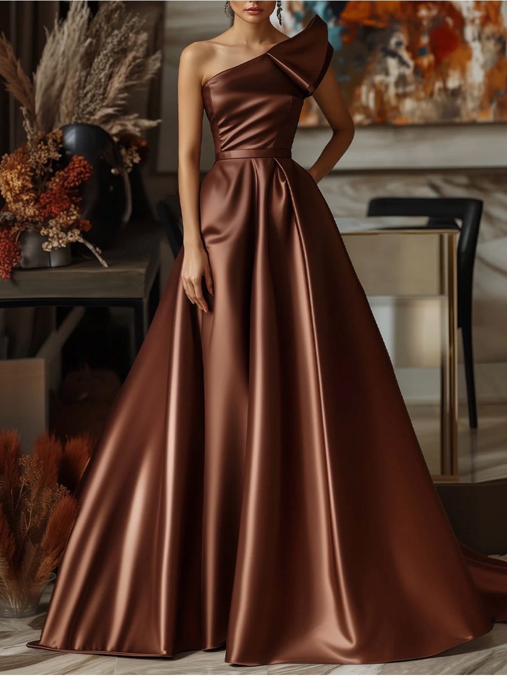 One-Shoulder Bronze Satin Ball Gown
 in Chocolate Brown